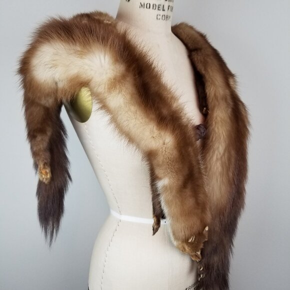 Vintage 1930's Full Mink Fur 3 Pelt Stole Scarf with Heads, Tails & Feet - Picture 7 of 12